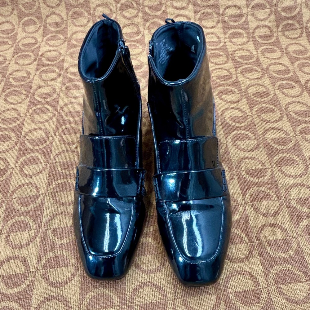 H&M Ankle Boots 7 Black Patent Loafer Style Block Heel Square Toe